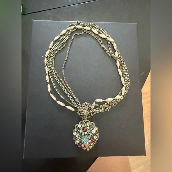 Multistrand Gold-Tone Statement Necklace with Gemstone Pendant - Picture 3 of 5